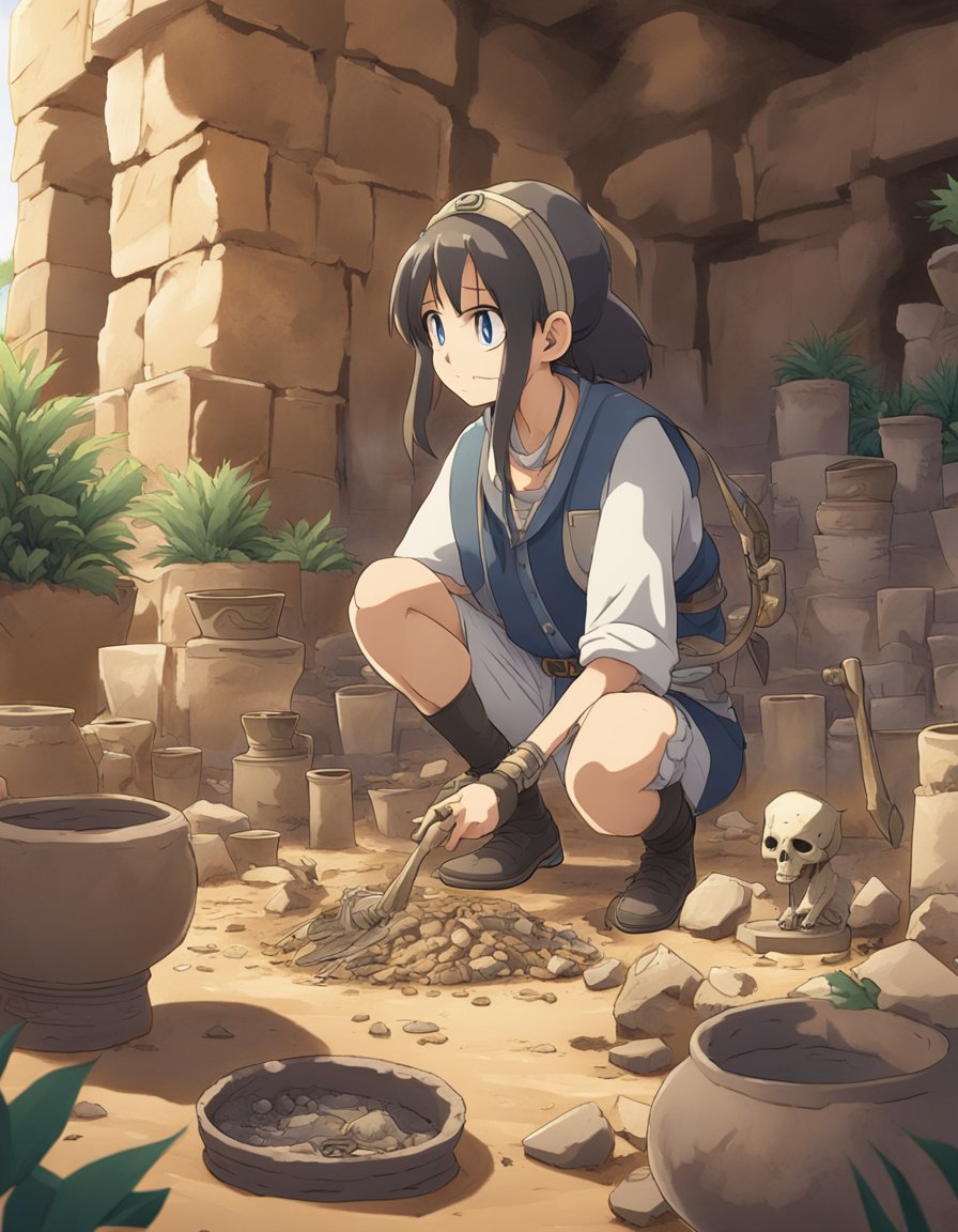 An archaeologist carefully brushes away dirt to reveal a cat skeleton buried in the ancient ruins, surrounded by pottery and artifacts