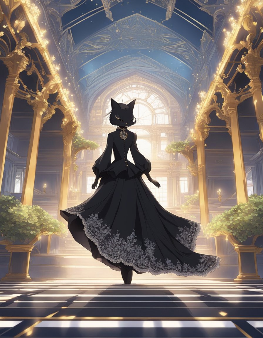 A sleek black cat struts down a runway, wearing a glamorous gown with intricate lace details and a flowing train, turning heads with its sophisticated and elegant demeanor