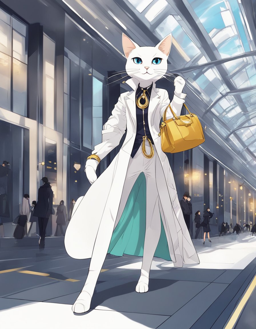 A sleek, modern cat struts down a runway in a glamorous, high fashion ensemble, turning heads with its chic and sophisticated style