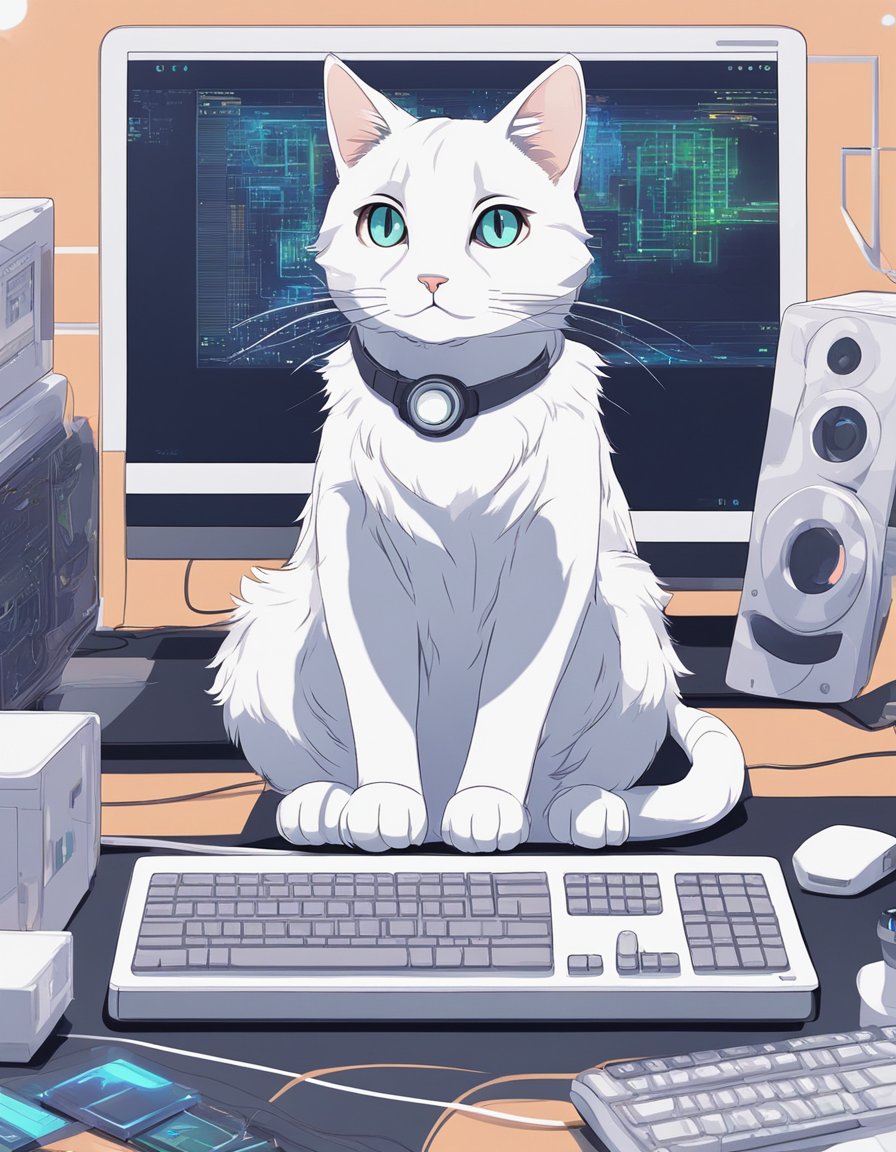 A cat sits in front of a computer screen, surrounded by digital patterns and algorithms.</p><p>Its eyes are focused on the screen, with its tail curled around its body