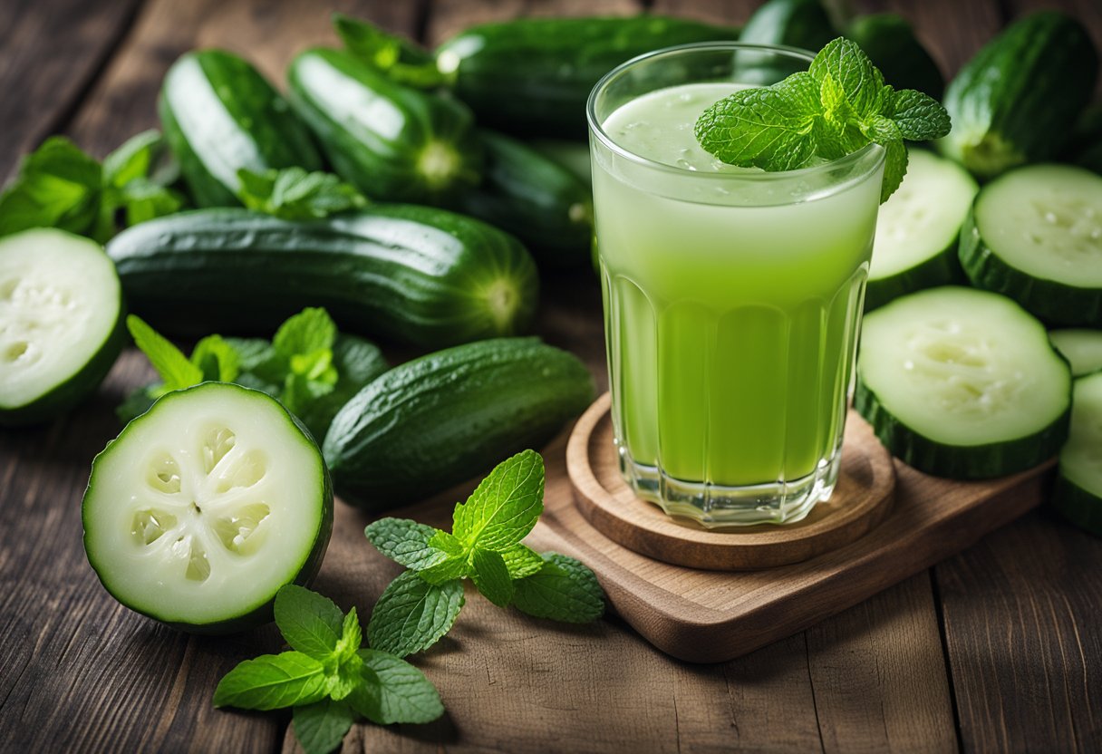 A glass of cucumber and mint juice sits on a wooden table, surrounded by fresh cucumber slices and sprigs of mint