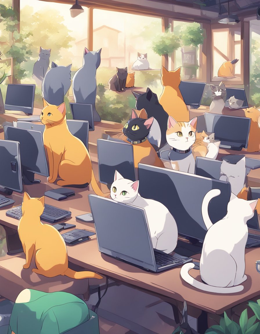 Cats engaging with screens, chatting and sharing photos with other cats in a virtual community