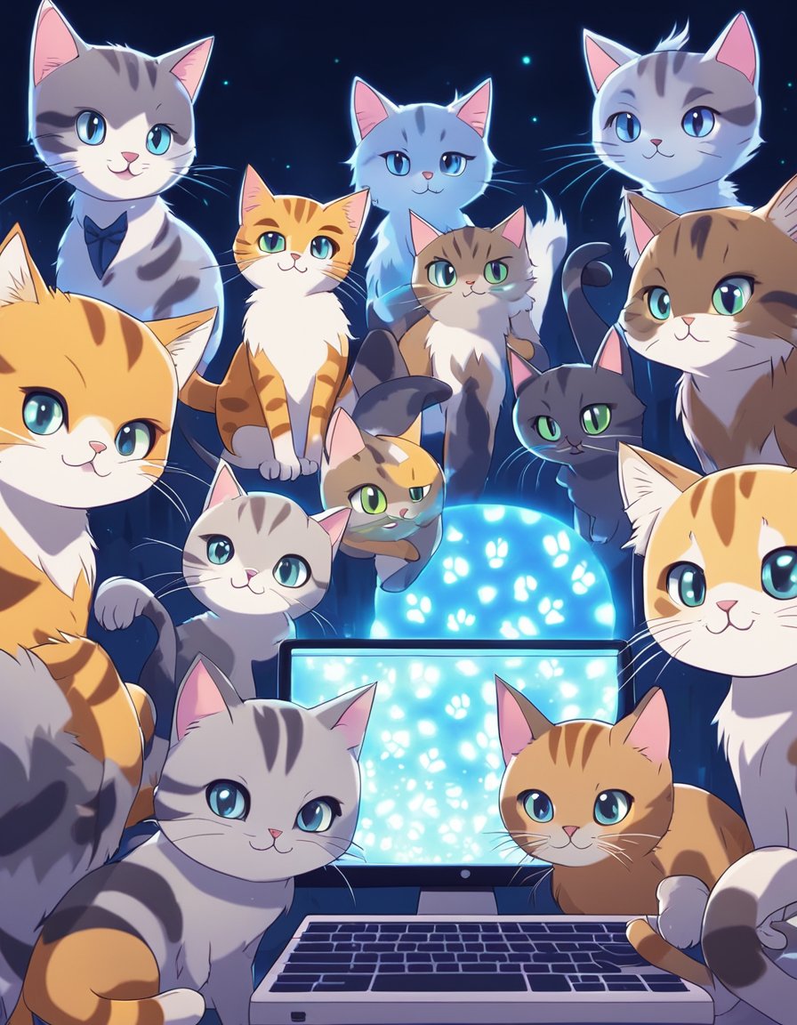 A group of cats gather around a glowing computer screen, exchanging digital paw prints and meows with other feline friends in an online community