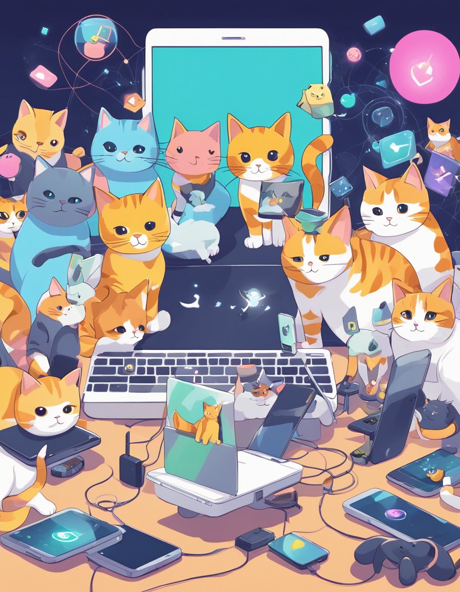 Cats engaging with digital devices, surrounded by online community icons and symbols.</p><p>The cats are interacting with other digital paw-pals, showcasing the cultural impact of cats in the digital sphere