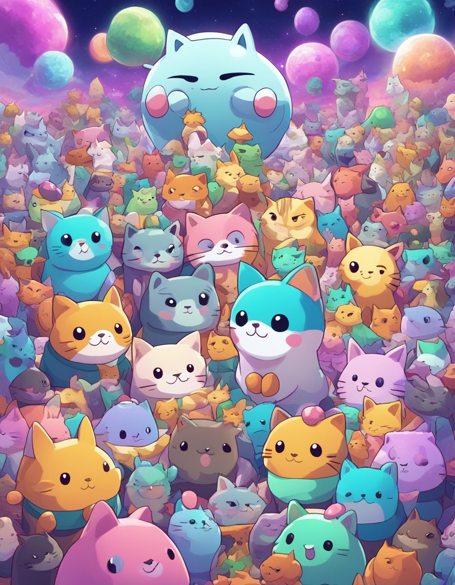 A crowded virtual marketplace with colorful digital pets on blockchain.</p><p>Excited users trading, breeding, and collecting CryptoKitties