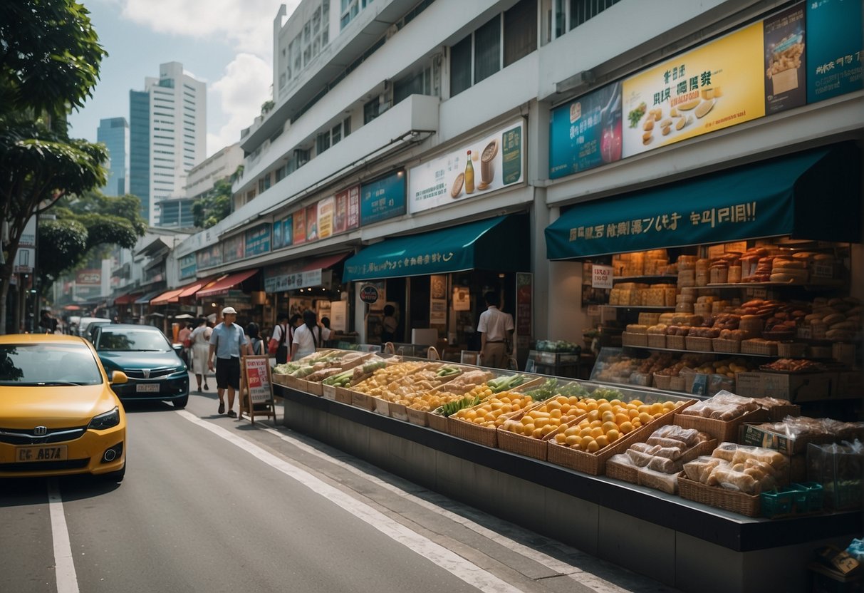 A bustling street in Singapore with 10 shops displaying vibrant promotional signs and banners, attracting the attention of passersby