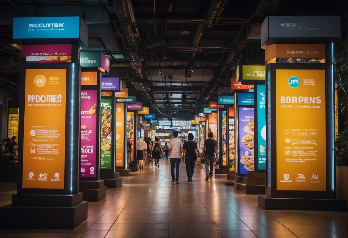 A colorful display of promotional banners and signs, showcasing ongoing and upcoming promotions in Singapore