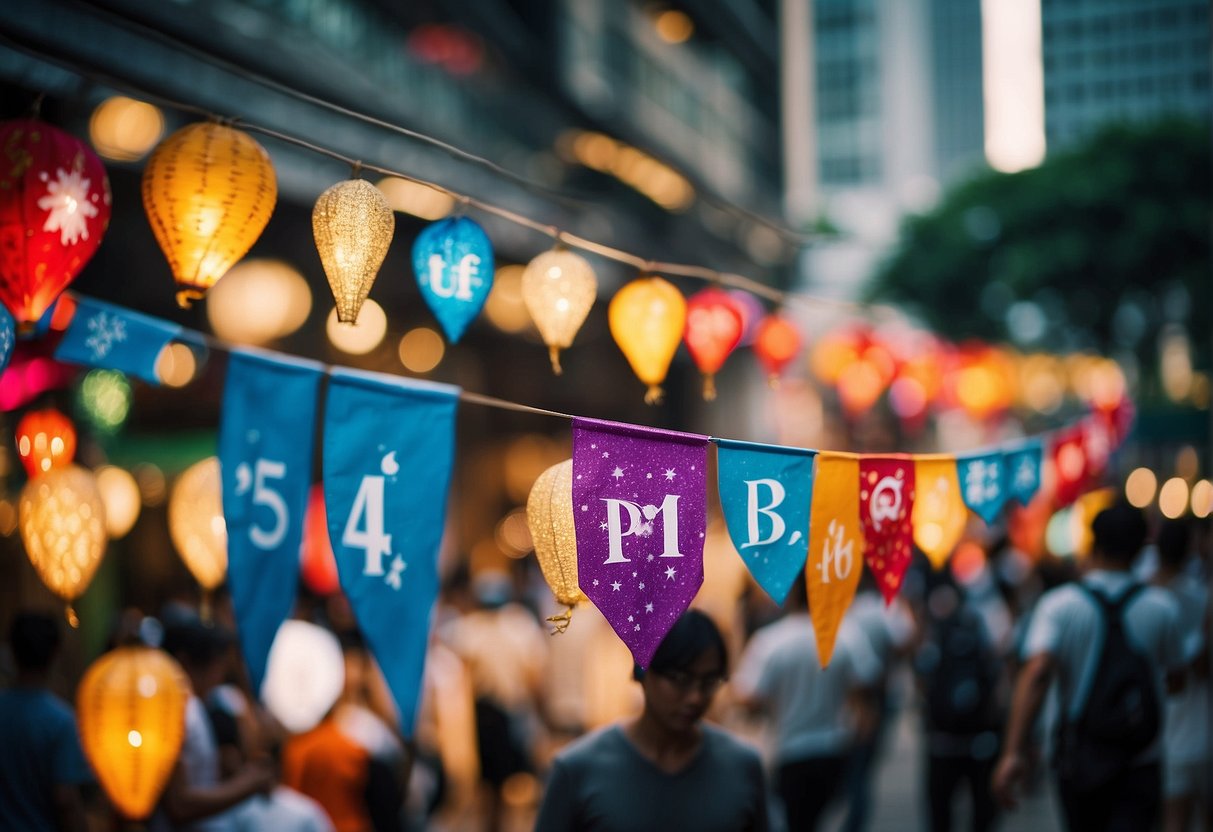 A colorful banner hangs above a bustling street, with vibrant decorations and signs promoting festive and special events in Singapore