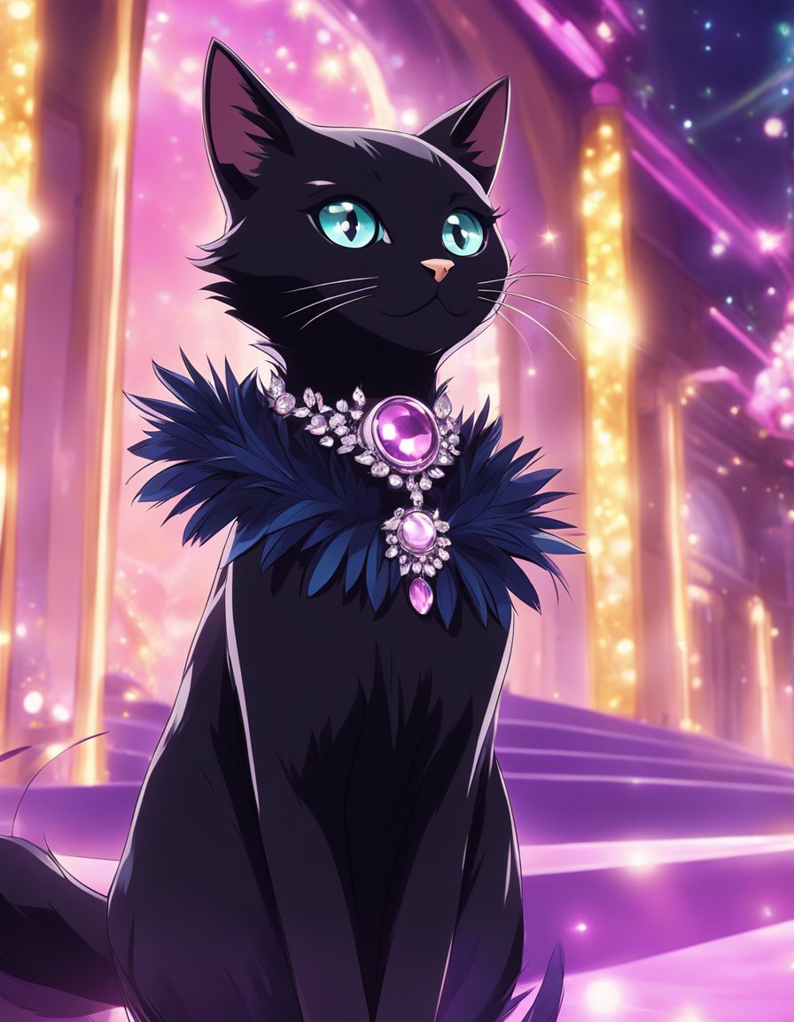 A sleek black cat struts down a glittering runway, wearing a shimmering gown adorned with feathers and jewels.</p><p>Flashing cameras capture the feline fashionista's every move