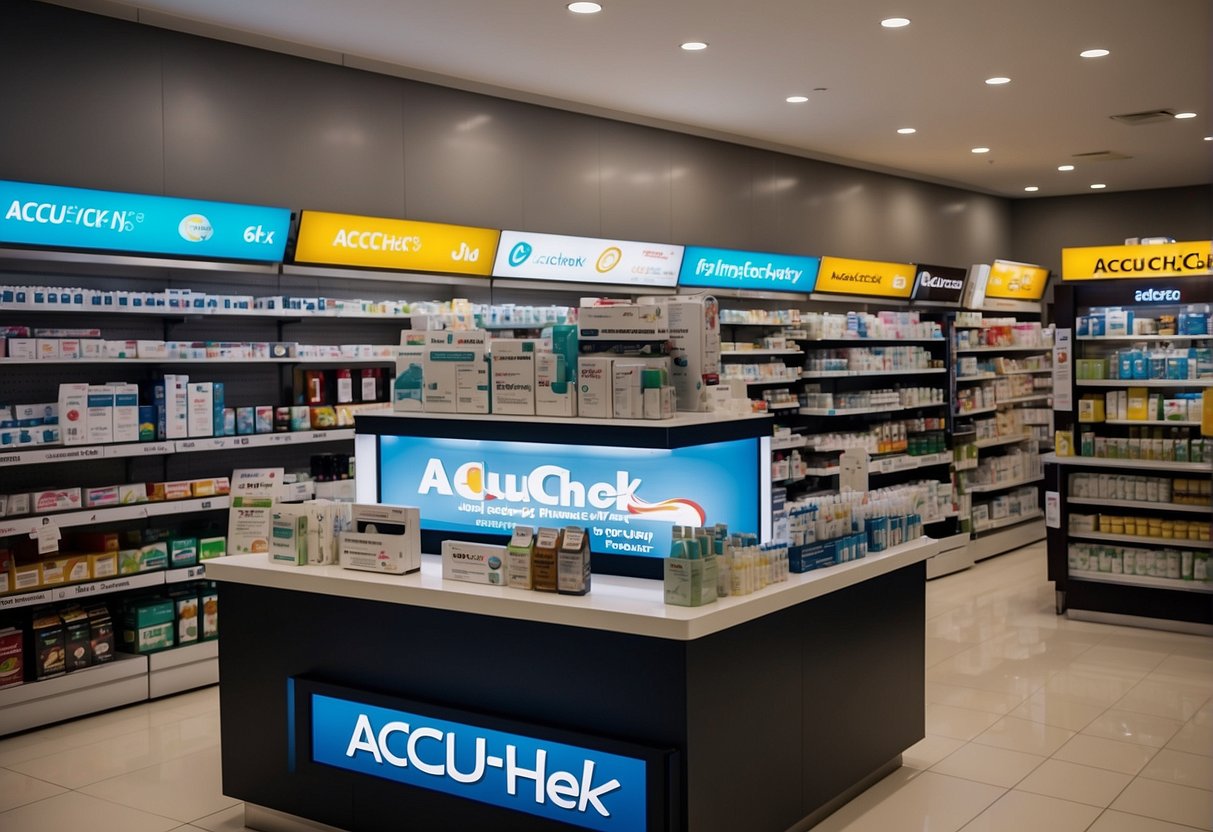 A bright and colorful display of Accu-Chek products with promotional signage in a busy Singaporean pharmacy