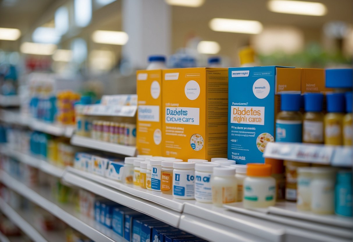 A display of diabetes care products with promotional signage at a pharmacy in Singapore