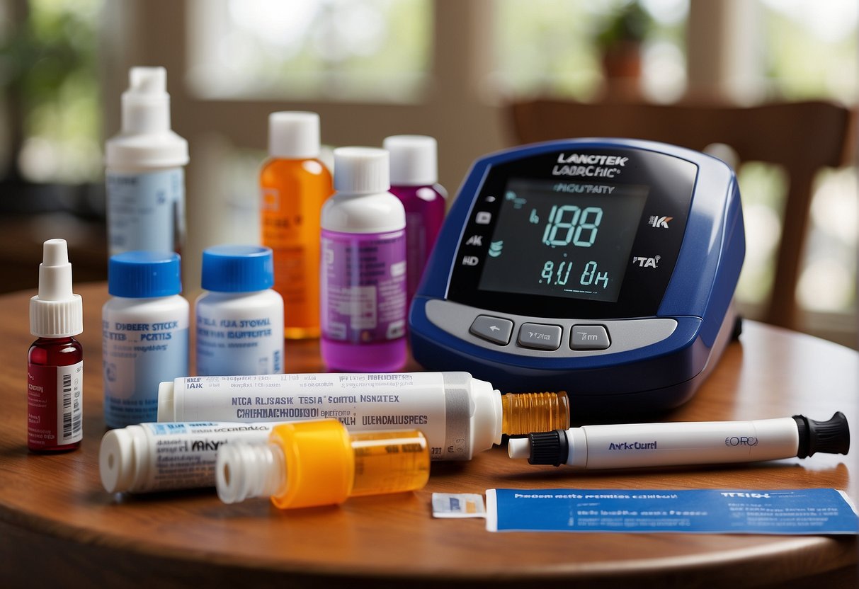 A table with various diabetes care products displayed, including Accu-Chek meters, test strips, lancets, and insulin pens. Bright promotional signage in the background