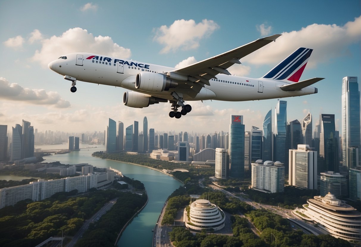 A vibrant Air France promotion ad in Singapore, featuring iconic landmarks and a plane flying high in the sky
