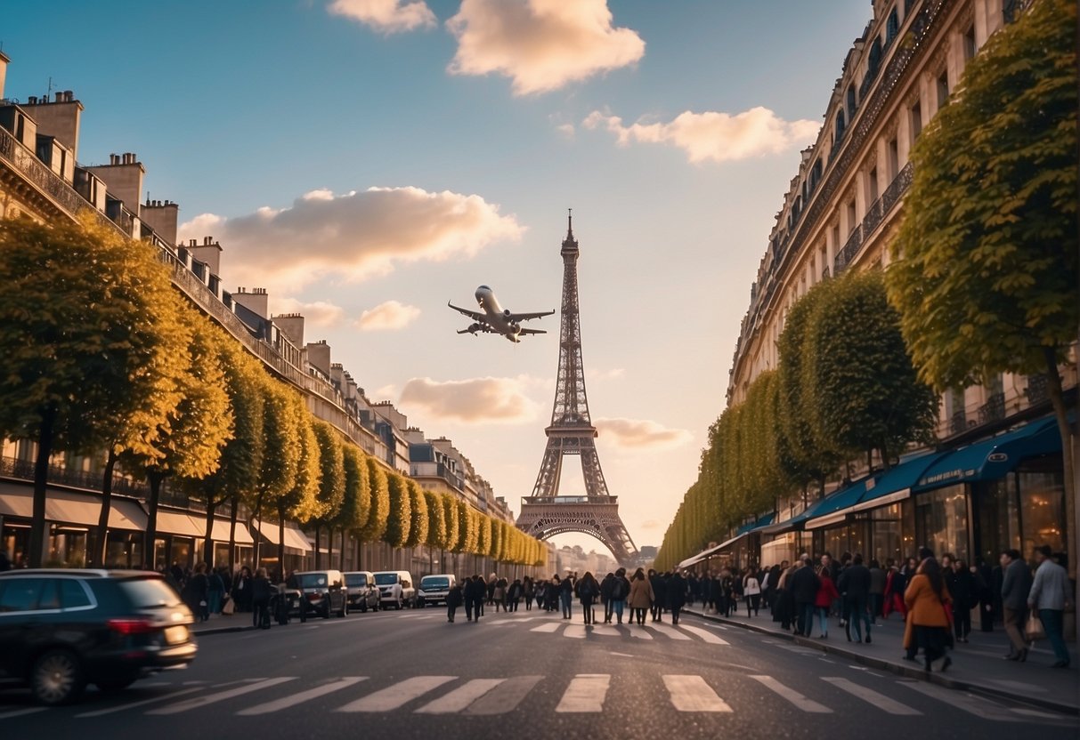 A bustling street in Paris, with the Eiffel Tower in the background and a colorful Air France plane flying overhead