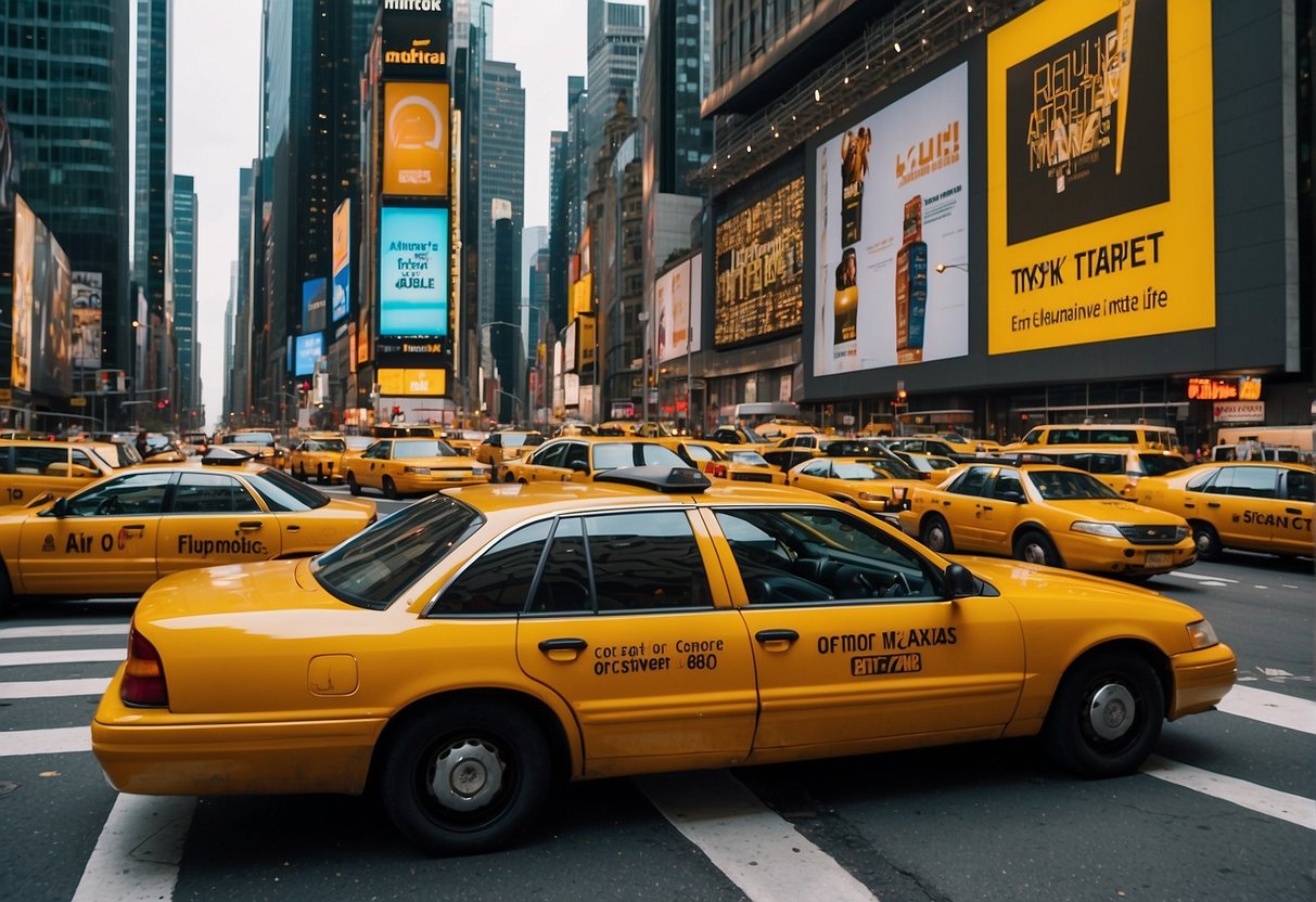 A bustling New York City street with iconic yellow taxis, towering skyscrapers, and bright billboards advertising exclusive deals for travelers with Air France promotions in Singapore