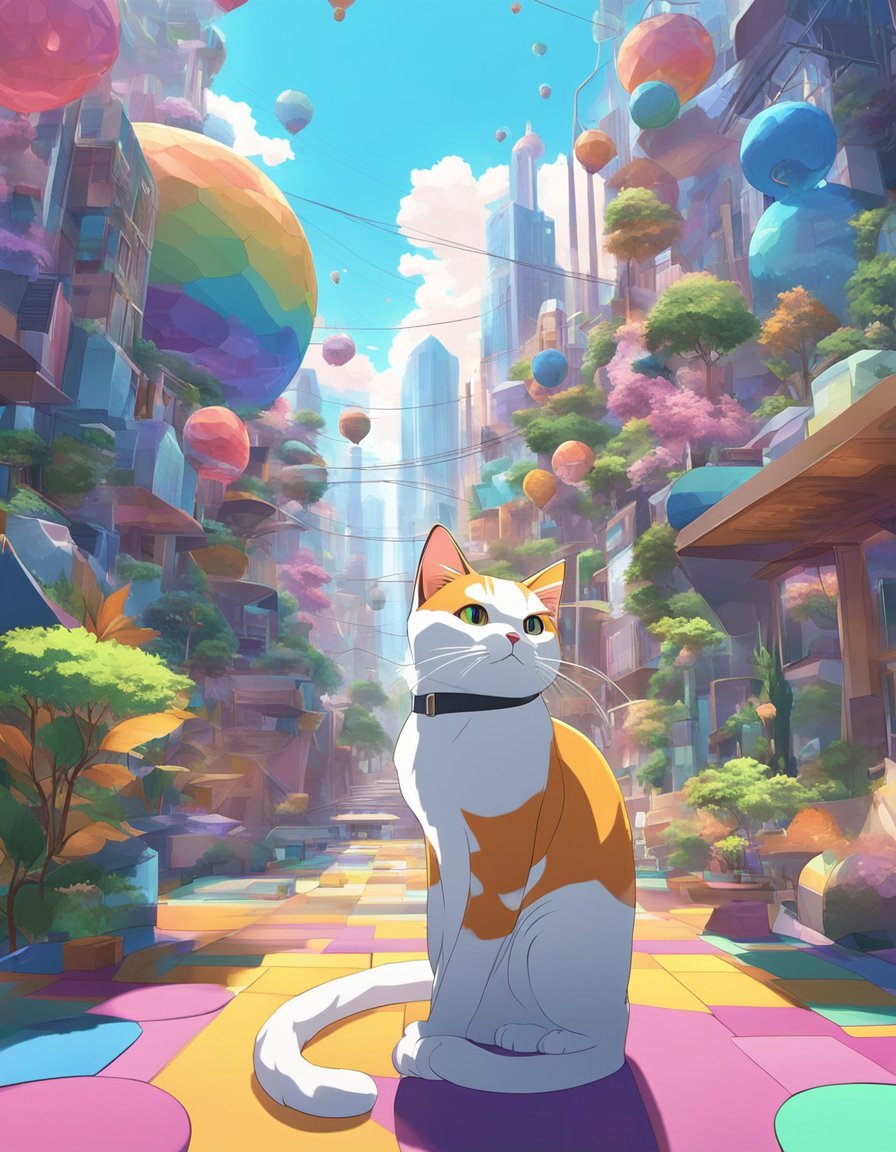 Cats exploring vibrant 3D worlds in virtual reality, surrounded by colorful landscapes and futuristic architecture