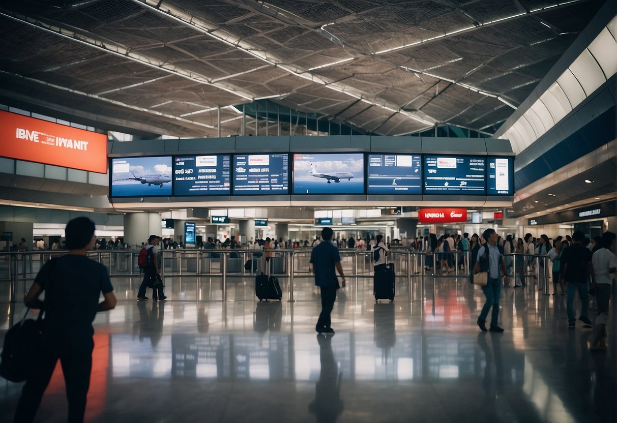 A bustling airport terminal with Air France promotional banners and a crowd of travelers in Singapore