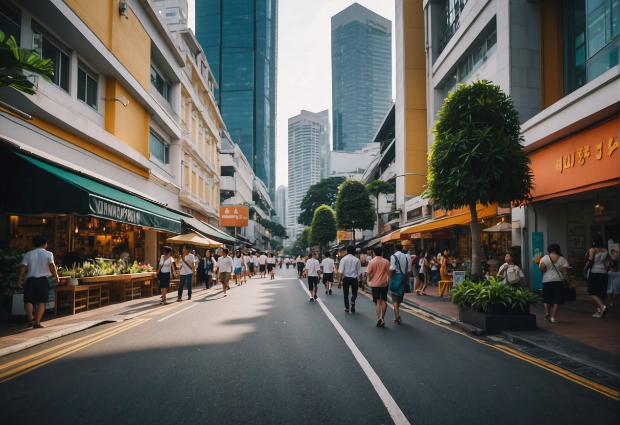 A bustling city street with colorful storefronts and busy pedestrians, showcasing the vibrant energy of Albion Promotions in Singapore