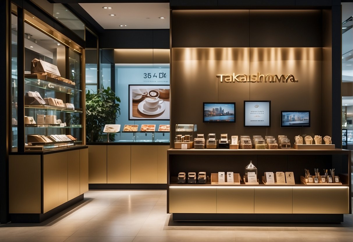 A luxurious display of 2024 promotions at Takashimaya Albion in Singapore, showcasing exclusive products in an elegant setting