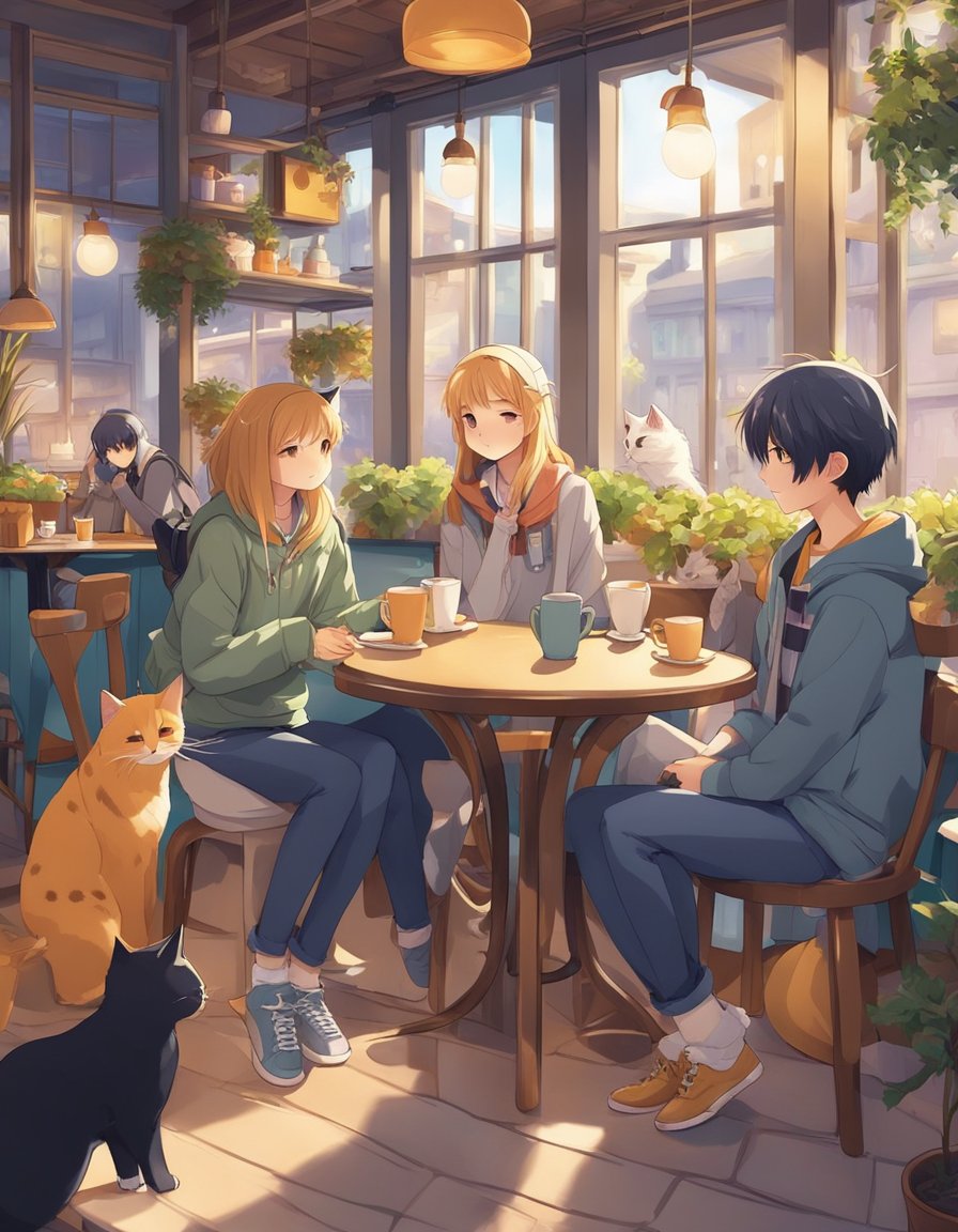 Customers mingle with cats in a cozy cafe setting, sipping coffee and enjoying the company of feline friends.</p><p>Social media icons and hashtags are prominently displayed