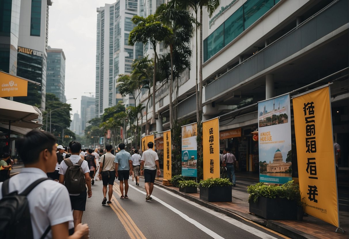 A bustling street in Singapore with colorful banners and signs for Angus House promotions. People walk by, and the city buzzes with energy