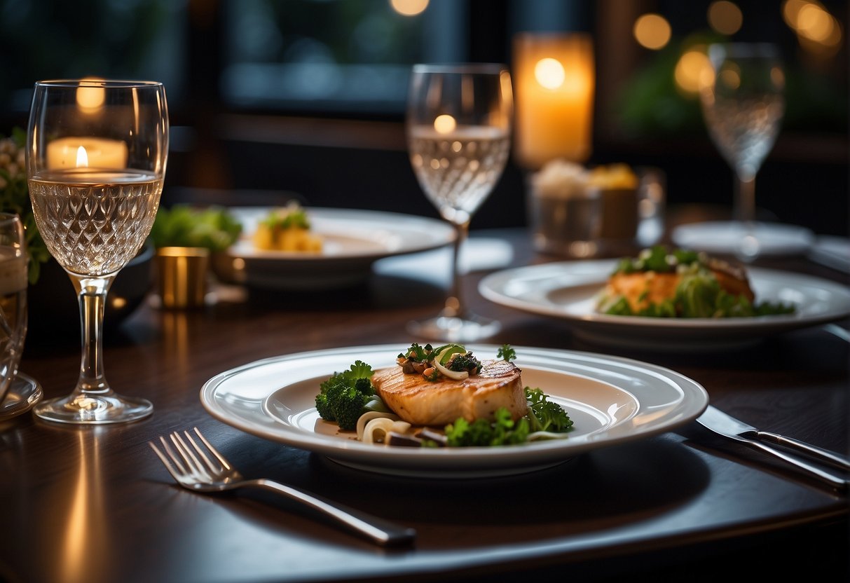 A table set with elegant dinnerware, surrounded by dimly lit ambiance. A menu showcasing Angus House promotions in Singapore