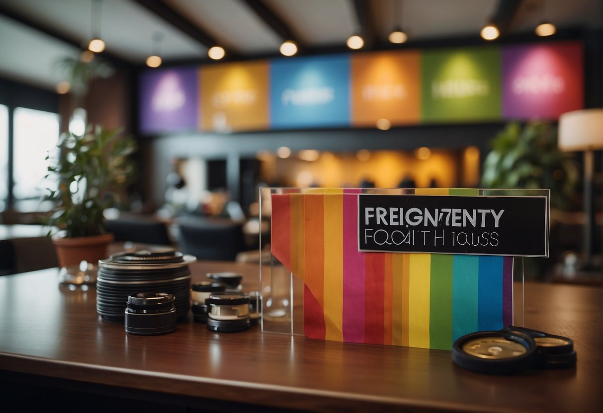 A colorful banner with "Frequently Asked Questions" displayed prominently, surrounded by various promotional items and the iconic Angus House logo