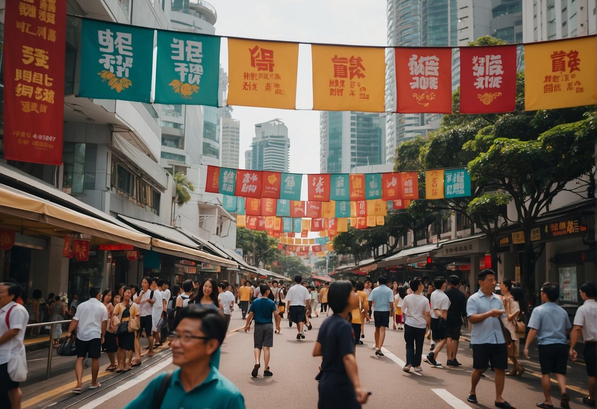 A bustling street in Singapore, with colorful banners and signs promoting Aston promotions. The scene is filled with energy and excitement