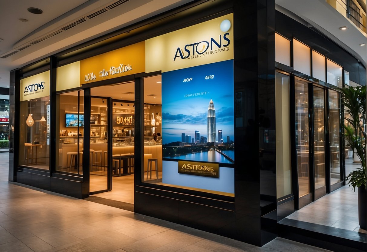 Vibrant signs and banners adorn the storefront of Astons, showcasing their astonishing promotions and offers in Singapore