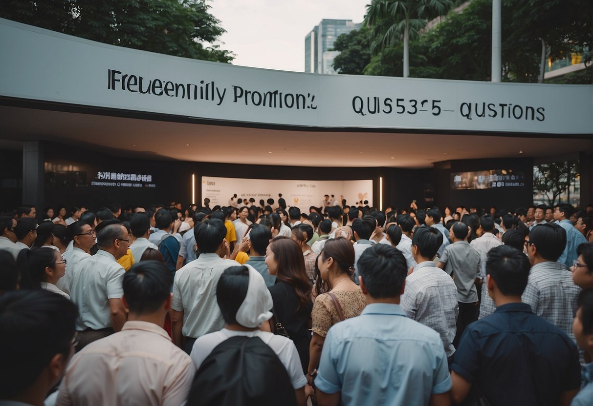 A crowded event with people asking questions at an information booth labeled "Frequently Asked Questions - Aston Promotions Singapore."