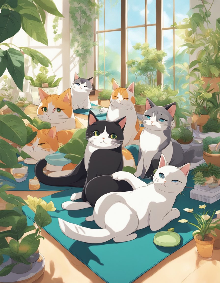 A group of sleek, contented cats lounging on yoga mats surrounded by plants and wellness products