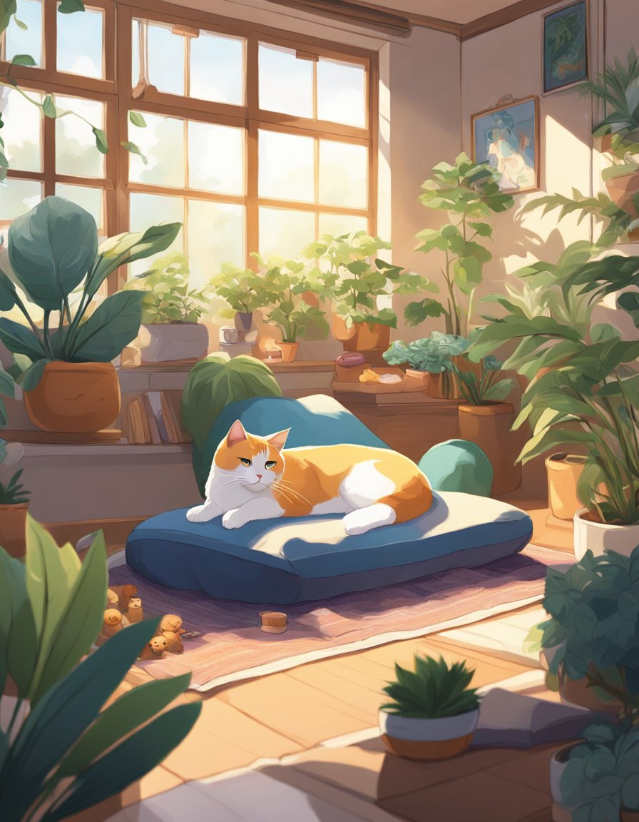 A cat lounges in a sunlit room surrounded by plants, toys, and a cozy bed.</p><p>A yoga mat and meditation cushion are nearby, with calming music playing in the background