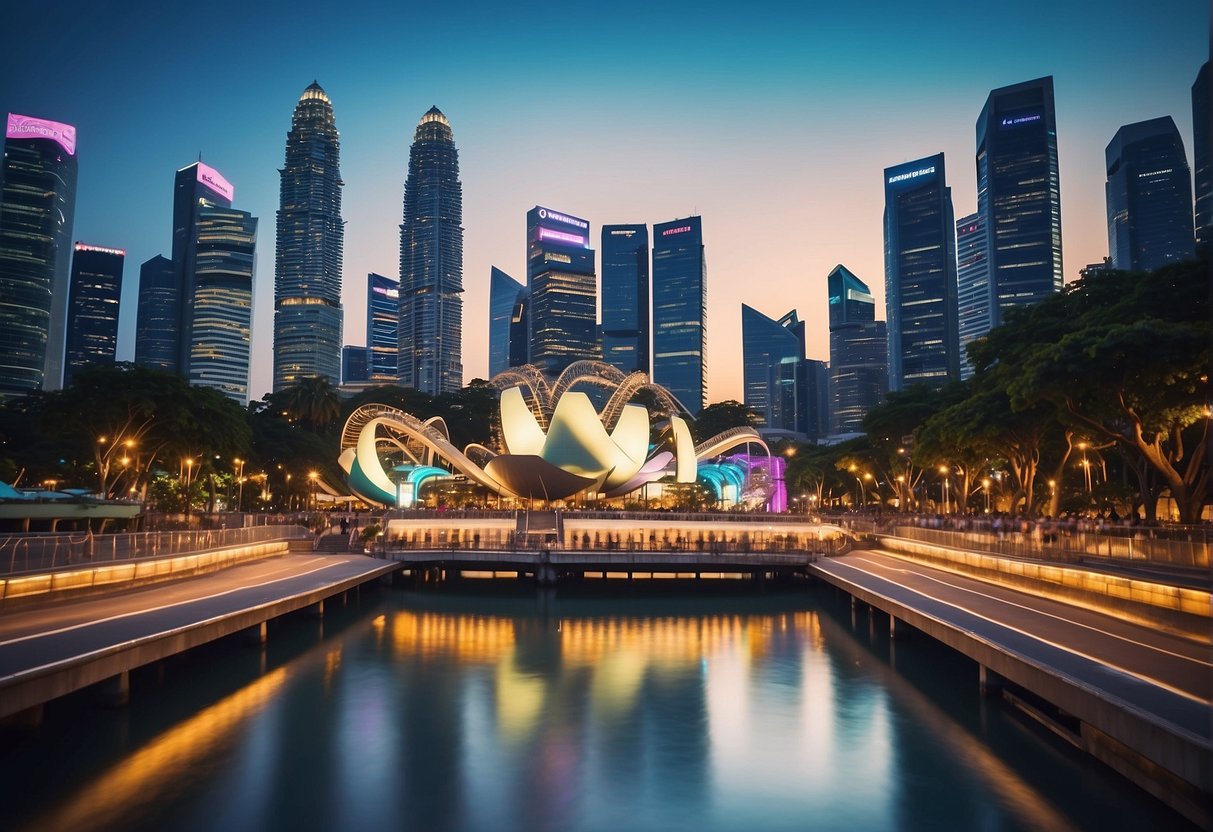 A vibrant cityscape with iconic Singapore landmarks, a travel insurance logo prominently displayed, and happy tourists enjoying their trip
