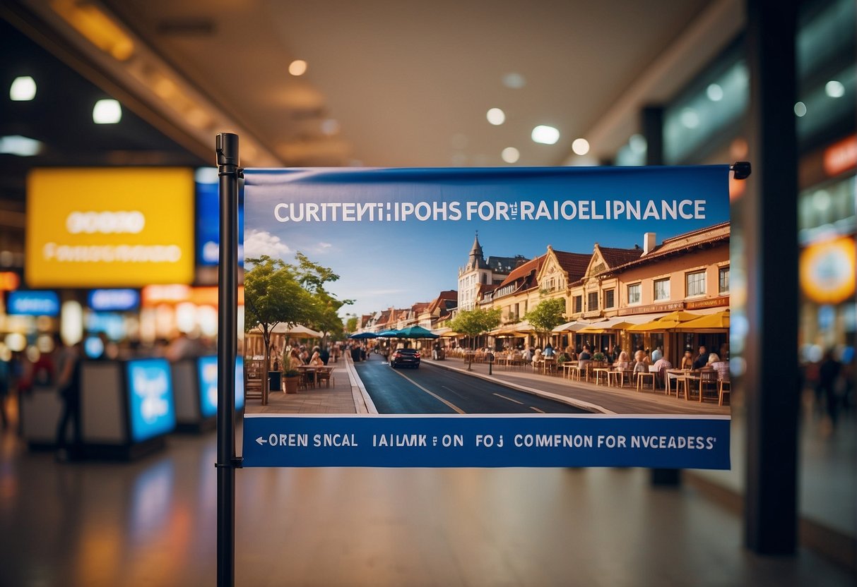 A colorful banner with "Current Promotions for Travel Insurance" displayed prominently, surrounded by images of popular travel destinations and happy vacationers