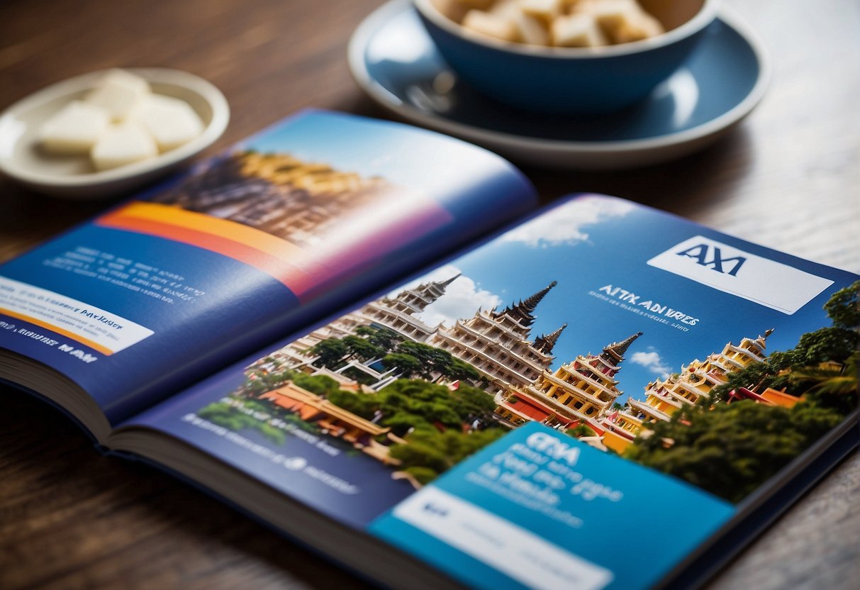 A colorful travel brochure with the AXA logo prominently displayed, showcasing various advanced coverage options for travel insurance in Singapore