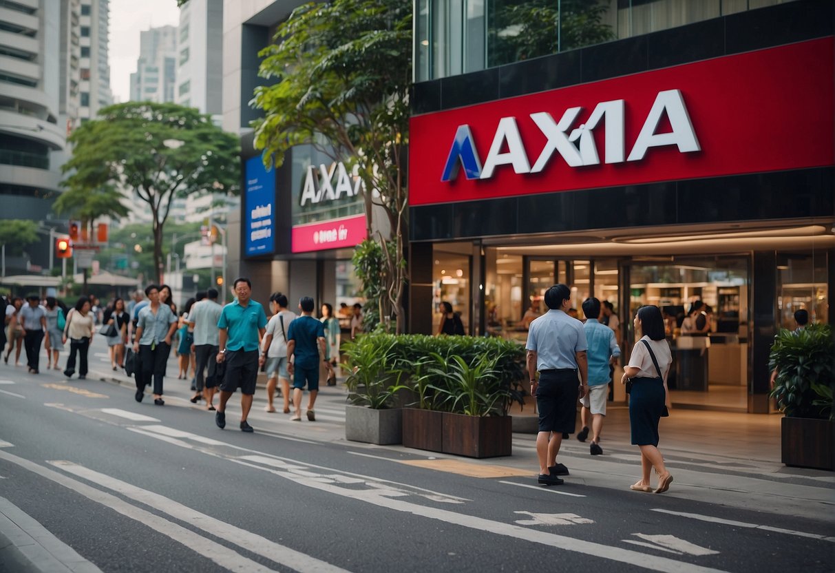 A bustling city street with a prominent sign advertising "Frequently Asked Questions" about AXA travel insurance promotions in Singapore