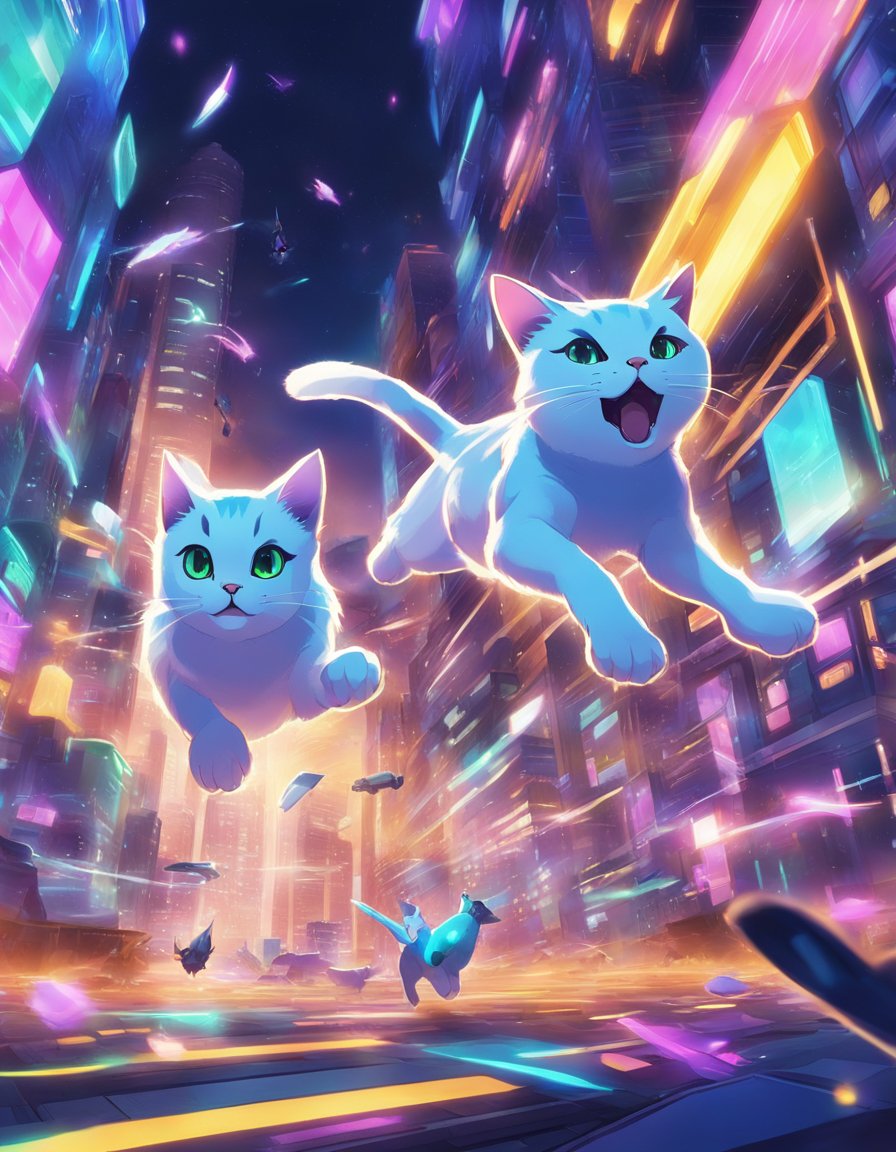 Cats chasing virtual prey in a digital environment, leaping and pouncing with vibrant colors and futuristic elements