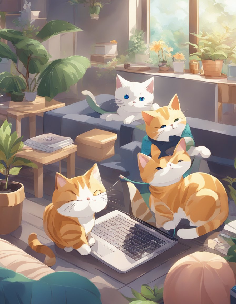 Cats playfully interact with AR game elements, swatting at virtual objects and chasing digital creatures, while purring and showing signs of enjoyment