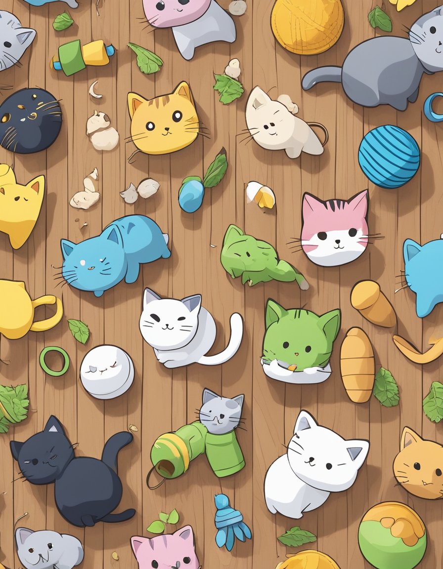 A variety of eco-friendly cat toys scattered on a wooden floor, including toys made from recycled materials, natural fibers, and organic catnip