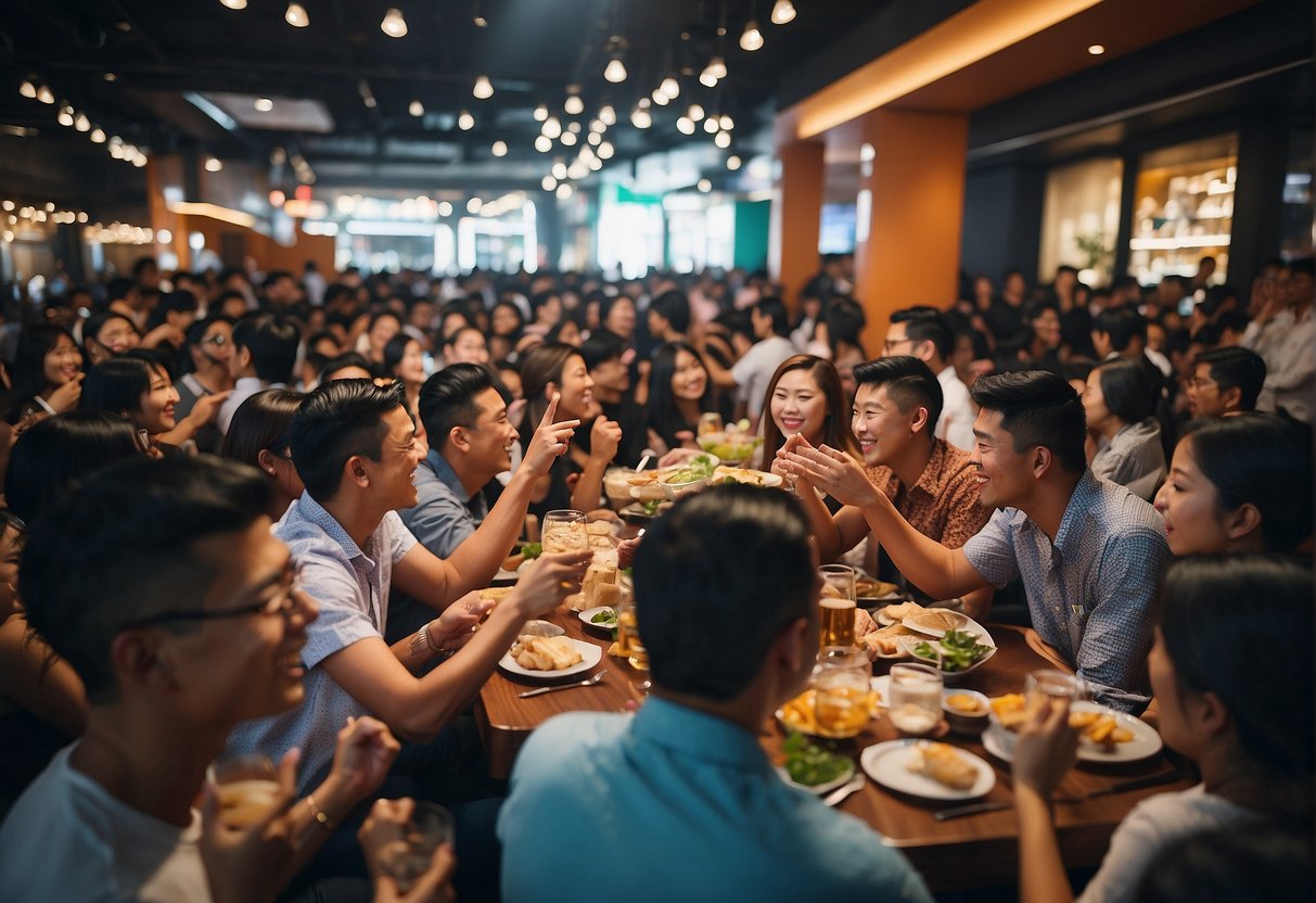 A colorful crowd gathers at 4 Fingers Promotions Singapore, enjoying food, music, and entertainment