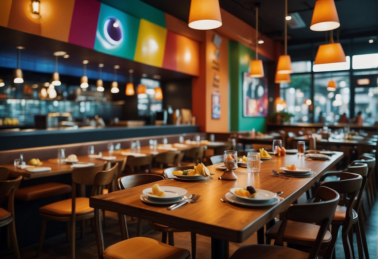 A colorful 4Fingers restaurant with eye-catching promotions displayed on the walls and counters. The vibrant atmosphere and enticing offers draw in customers