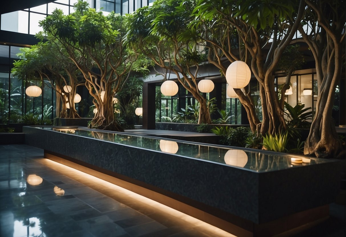 A serene banyan tree spa in Singapore, with lush greenery, tranquil water features, and elegant promotional signage