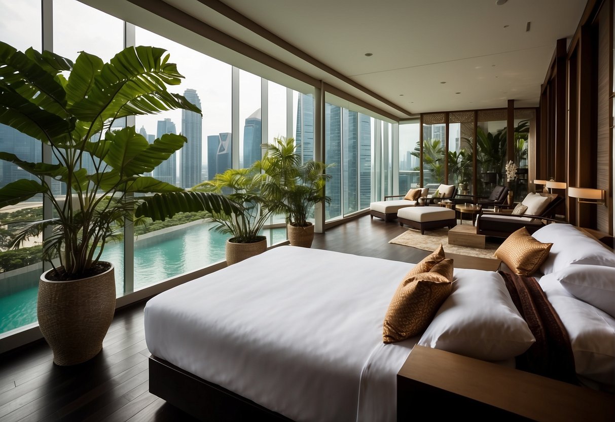 A serene spa room overlooks Marina Bay Sands, with a lush banyan tree in the background. The room features exclusive 2024 promotions, inviting guests to relax and rejuvenate