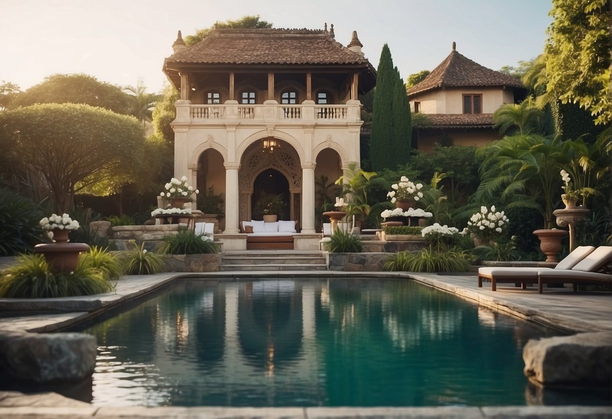 A tranquil spa setting with lush greenery, calm waters, and elegant architecture, evoking a sense of peace and relaxation