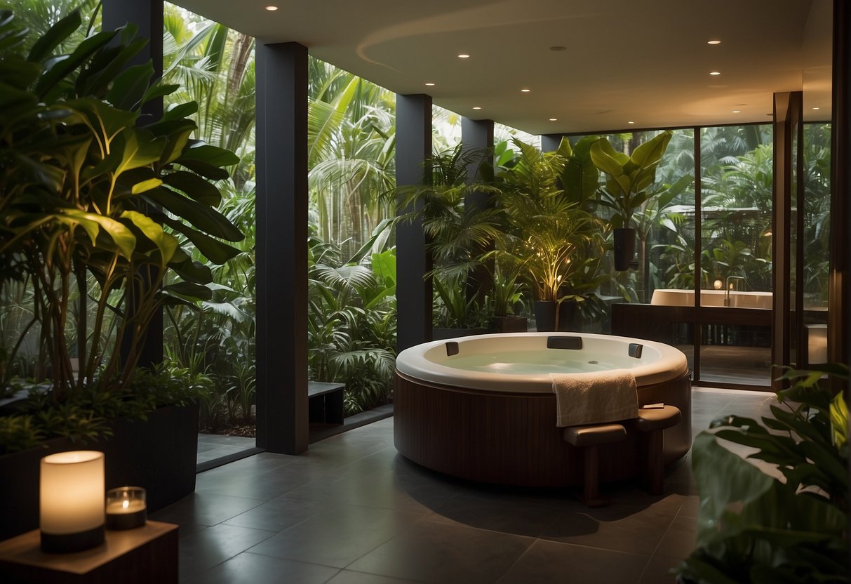 A serene spa room with lush greenery, soft lighting, and tranquil ambiance. A sign displaying "Frequently Asked Questions" about Banyan Tree Spa promotions in Singapore