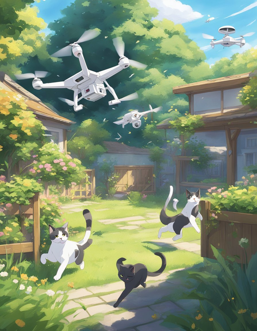 Cats chase drones in a sunny backyard, leaping and swatting at the buzzing devices.</p><p>The drones hover and dart, enticing the cats to play