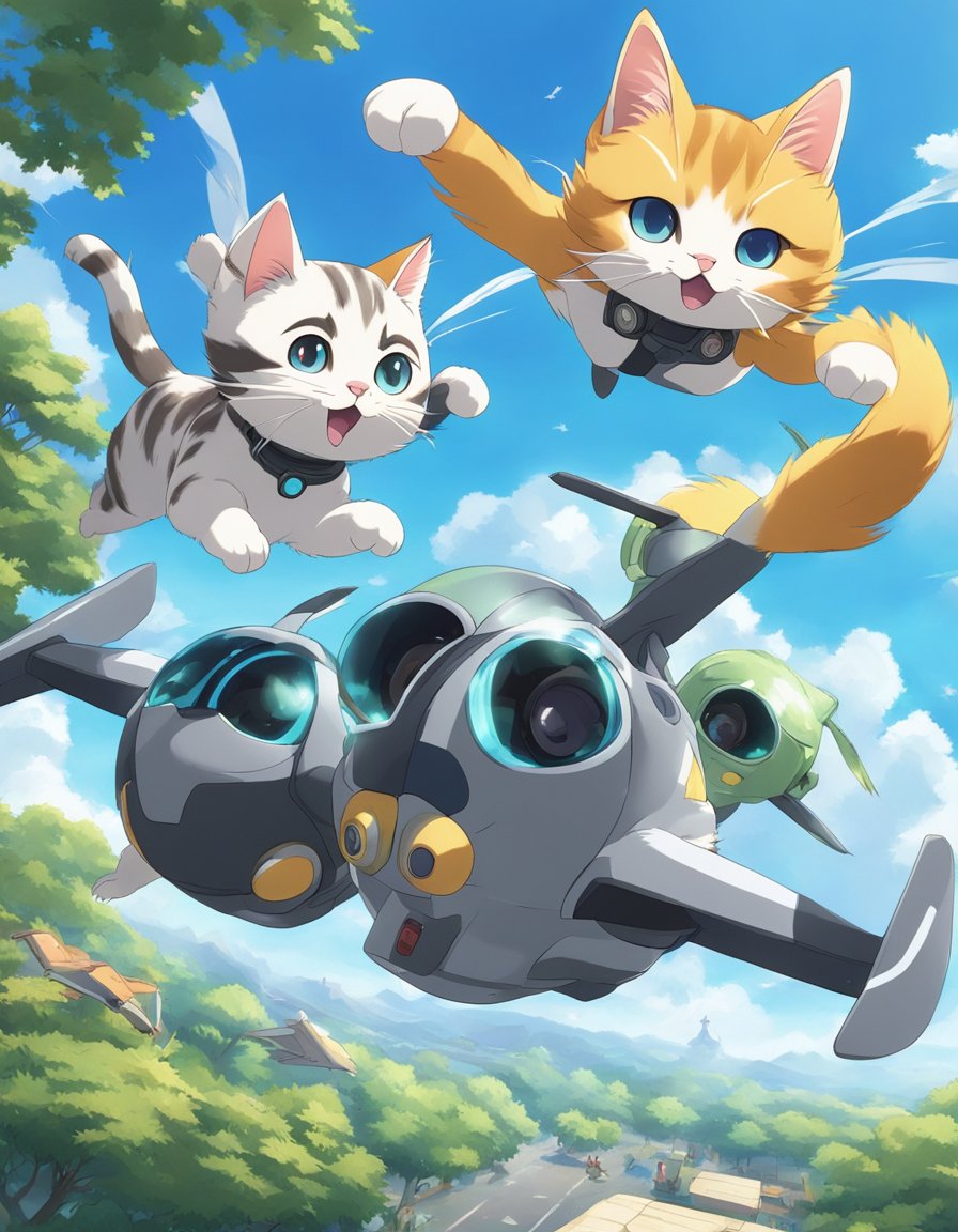 Two cats playfully chase a drone through the air, their tails swishing and eyes focused on the small flying device