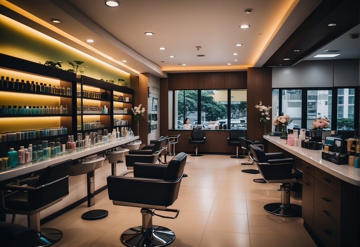 A vibrant beauty salon in Singapore offers promotions with colorful posters, discounts, and enticing product displays