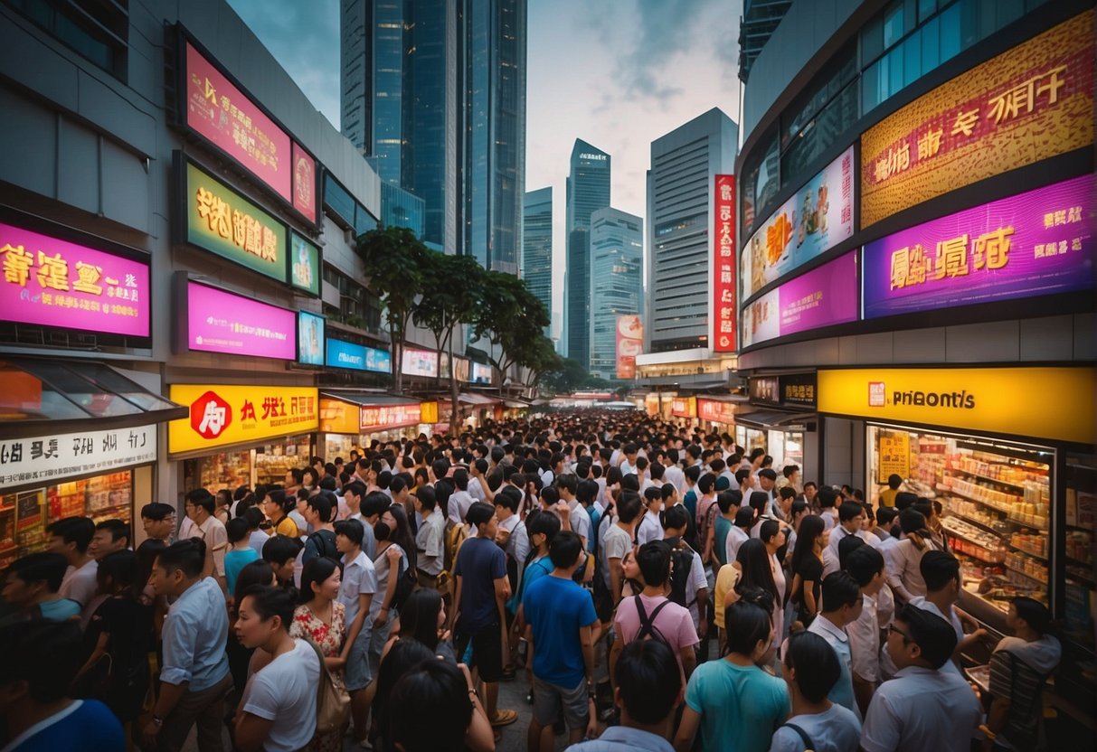 Crowds gather around storefronts, pointing to signs advertising "1 for 1 promotions" in Singapore. Bright colors and bustling energy fill the scene