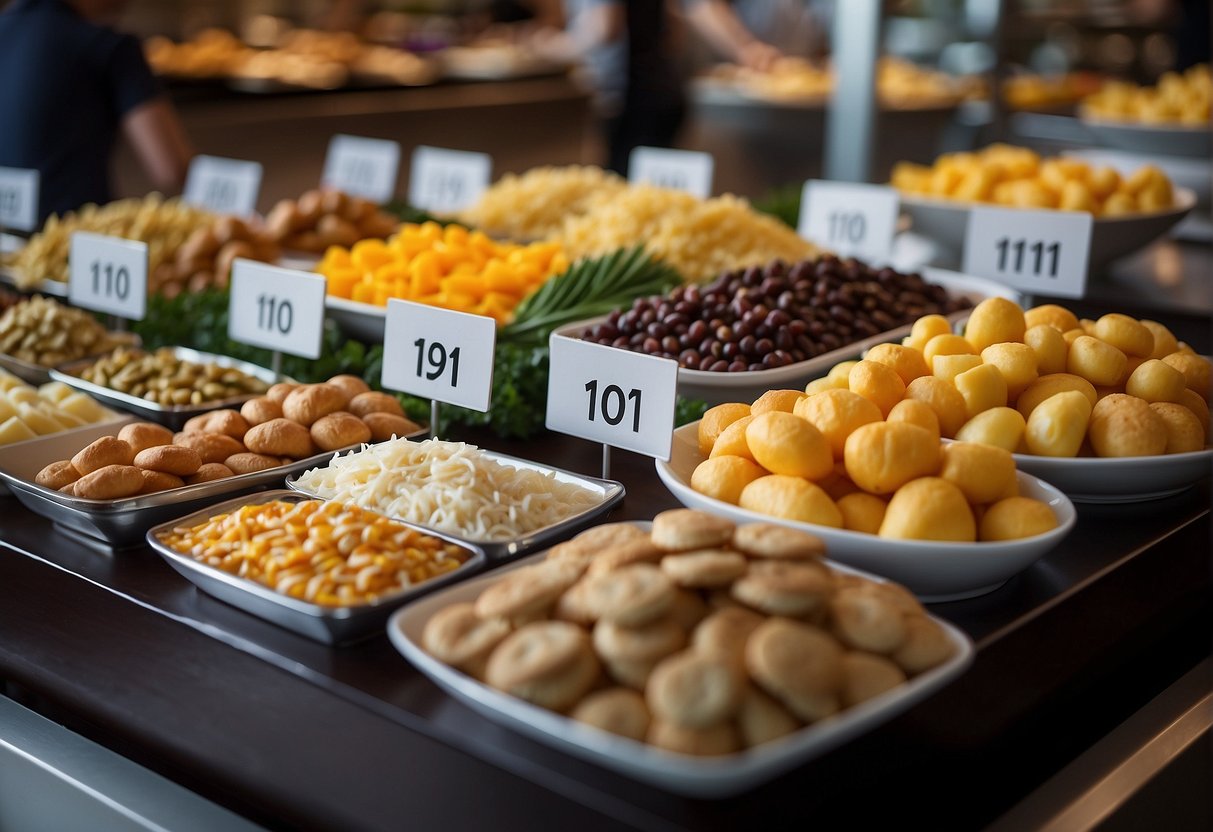 A colorful display of food items with signage indicating "1 for 1 promotions" at a buffet in Singapore